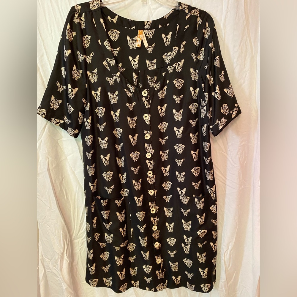 Maeve,Size L,Cute Dog print, above the knee length,Summer dress, black and white